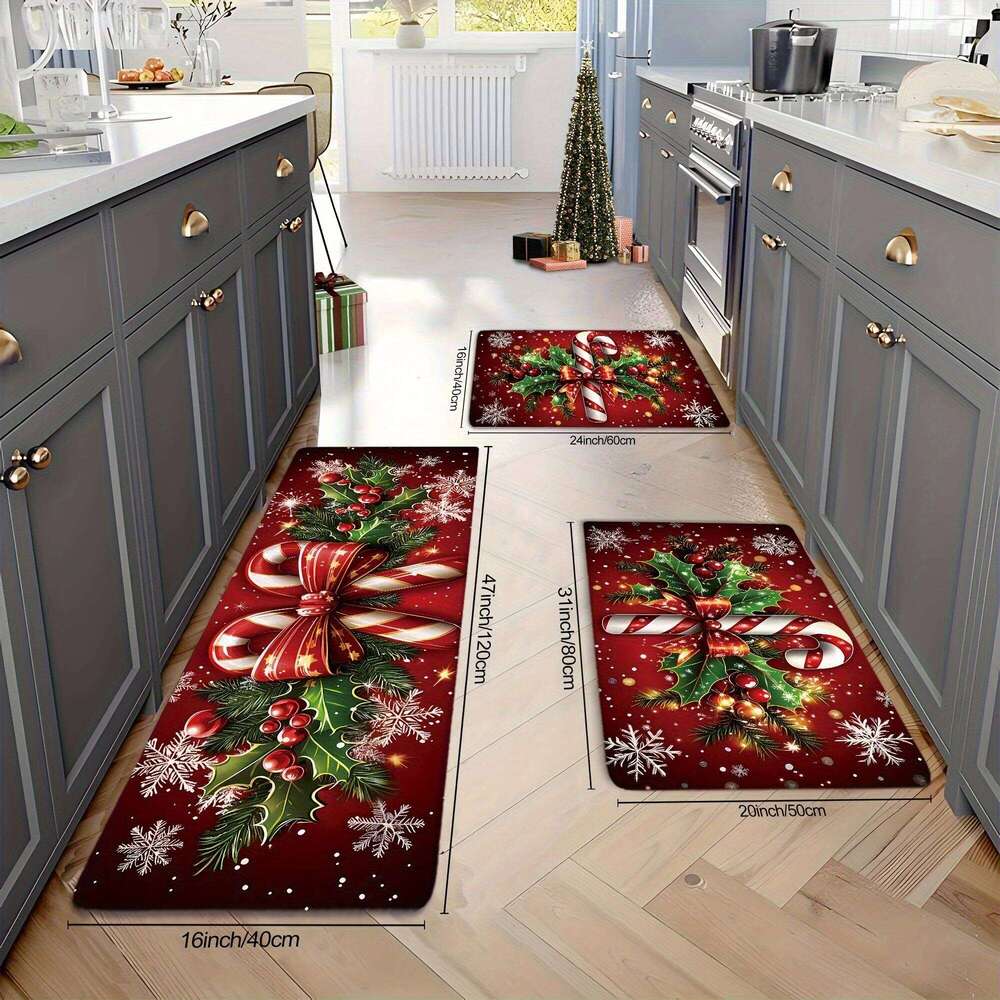 VIKAMA Merry Winter Candy Canes Holly Snowflake Kitchen Mat Christmas Holiday Atmosphere Decor Festive Home Gift H260226