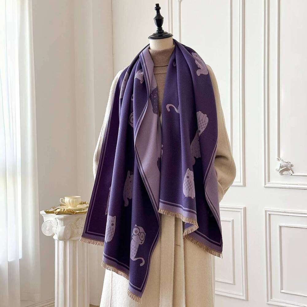 Cartoon Cat Printed Cashmere Scarves for Women Winter Thick Warm Blanket Scarf Shawl Wraps Ladies Fashion Pashmina Cape Z260226