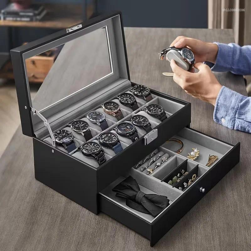 Watch Boxes 12-slot Lockable Storage Box Jewelry Display With Drawers 2-tier And Glasses Glass Lid
