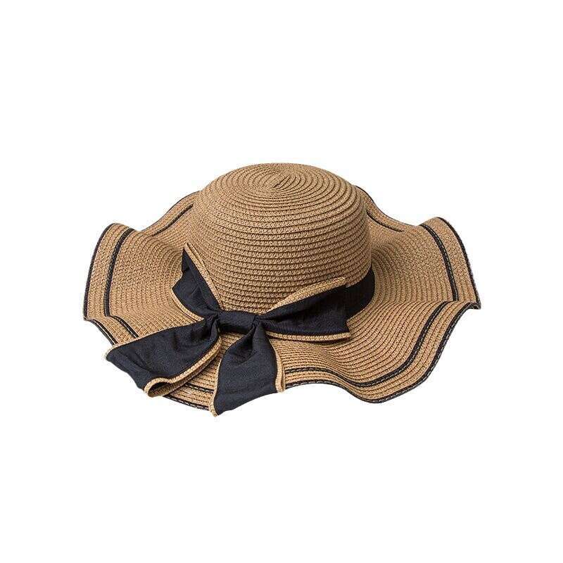 Fashion Accessories Hat Women's Elegant Wavy Brim Straw Floppy Hat with Black Bow UV Protection for Summer Trips Pool Parties Holiday Beach