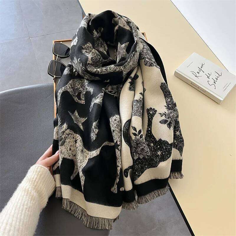 Warm Winter Blanket Cashmere Scarf for Women Design Cat Print Thick Pashmina Shawls and Wraps Bufandas Female Poncho Echarpe Z260226