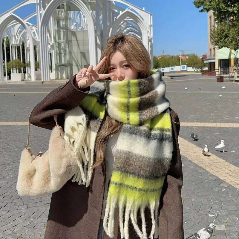 Color Striped Imitation Cashmere Maillard Women's New Korean Version Versatile Thickened Winter Plush Warm Scarf Z260226