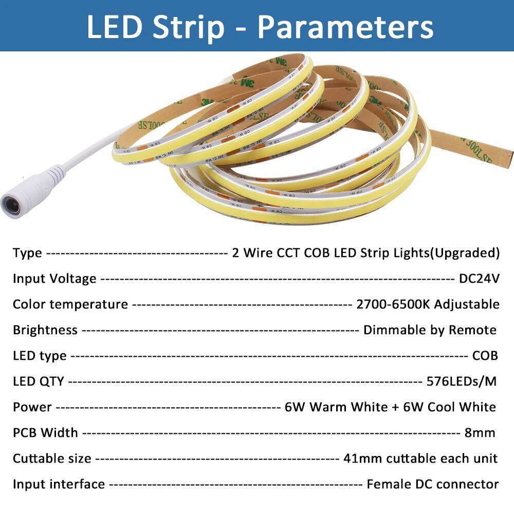 CCT COB Strip Light 24V Dimmable 1M 2M 3M 4M 5M WW CW Dual White FCOB LED Tape Ribbon Linear Lamp with RF Remote Control Kit Z260226