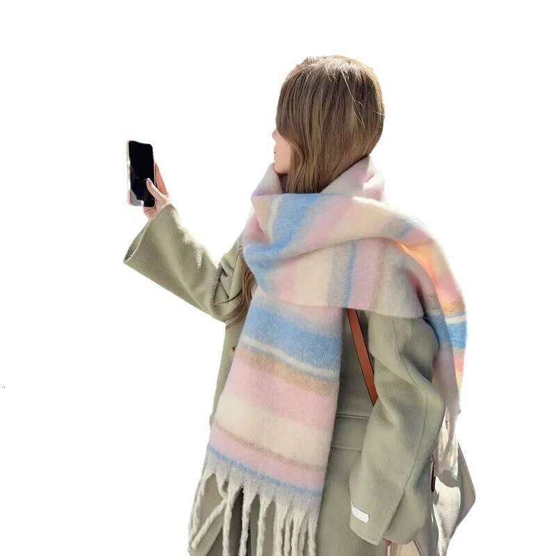 Color Striped Imitation Cashmere Maillard Women's New Korean Version Versatile Thickened Winter Plush Warm Scarf Z260226