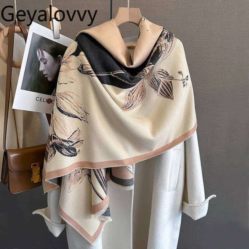 Korean Style Color Block Printed Fashion Imitation Cashmere Scarf for Women Autumn Winter Versatile Elegant Neck Warmer Shawl Z260226
