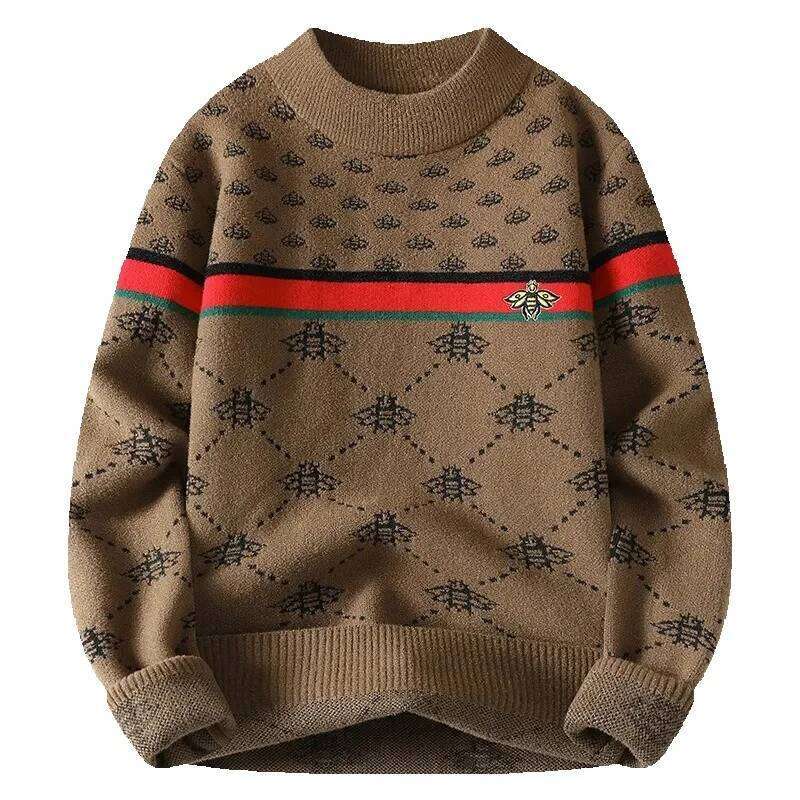 Sweaters Bee Jacquard Mock 3 Colors Retro Argyle With Color-block Stripe Warm Stylish Perfect For Layering Men's Clothing - view 5