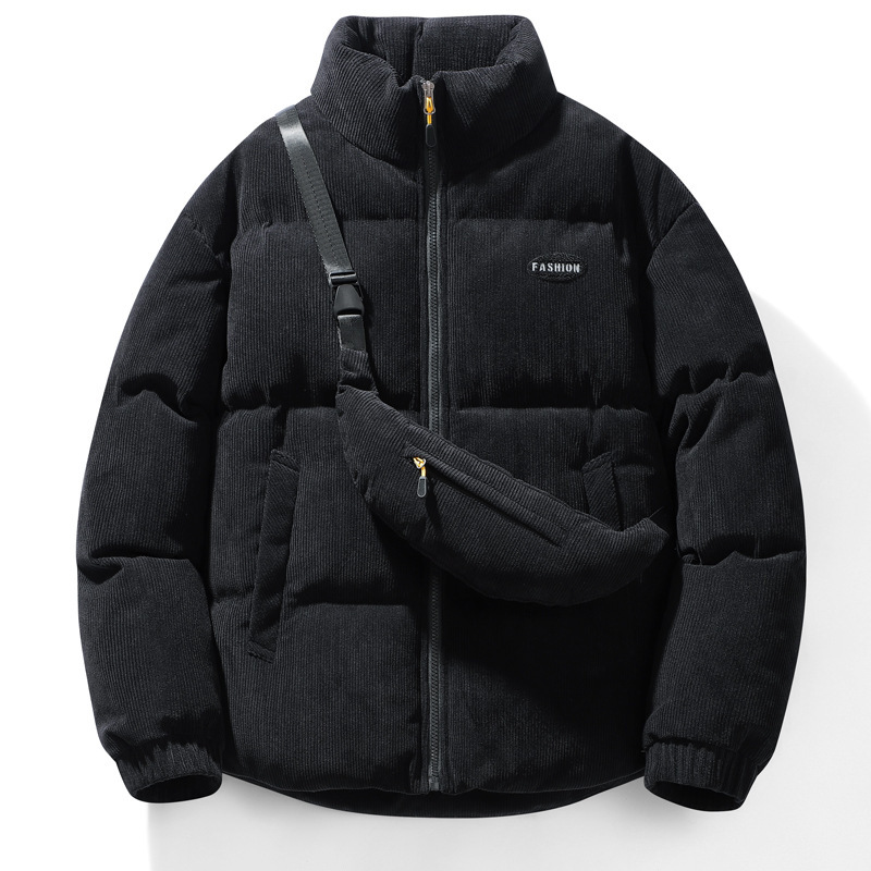 Men's Winter Corduroy Padded Jacket, Stylish Stand Collar Thickened Trendy Coat with Crossbody Bag, Versatile Couples Outerwear