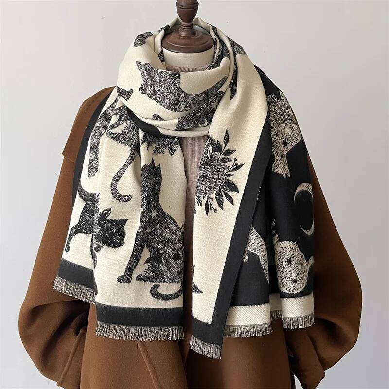 Warm Winter Blanket Cashmere Scarf for Women Design Cat Print Thick Pashmina Shawls and Wraps Bufandas Female Poncho Echarpe Z260226
