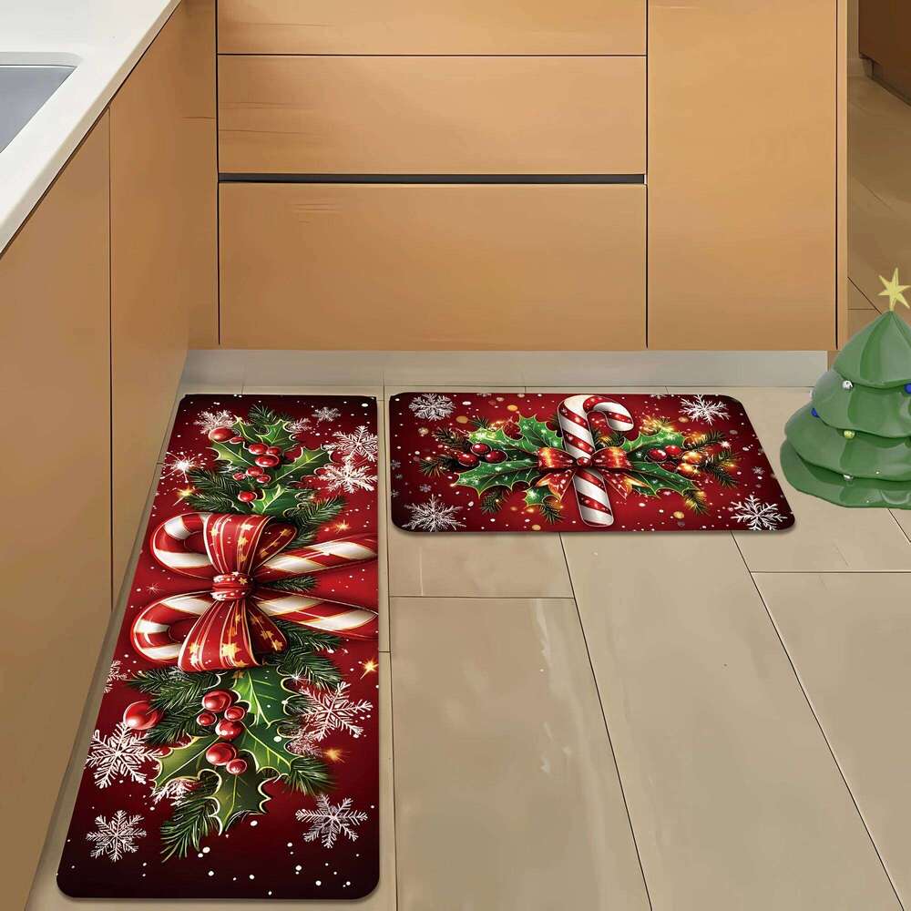 VIKAMA Merry Winter Candy Canes Holly Snowflake Kitchen Mat Christmas Holiday Atmosphere Decor Festive Home Gift H260226