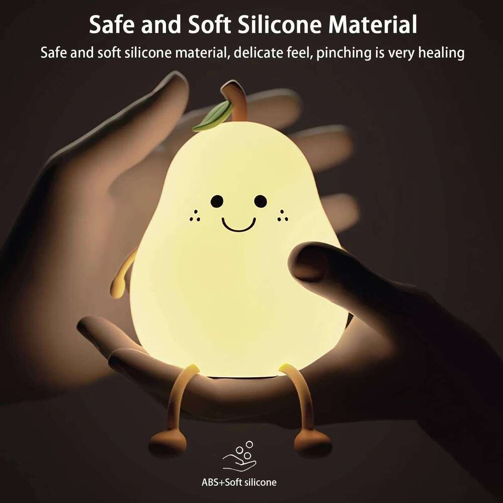 1pc Cute Pear 7-Color Dimmable Touch-Controlled Night Light Silicone Stress Reducing Pat Lamp USB Rechargeable Z260227