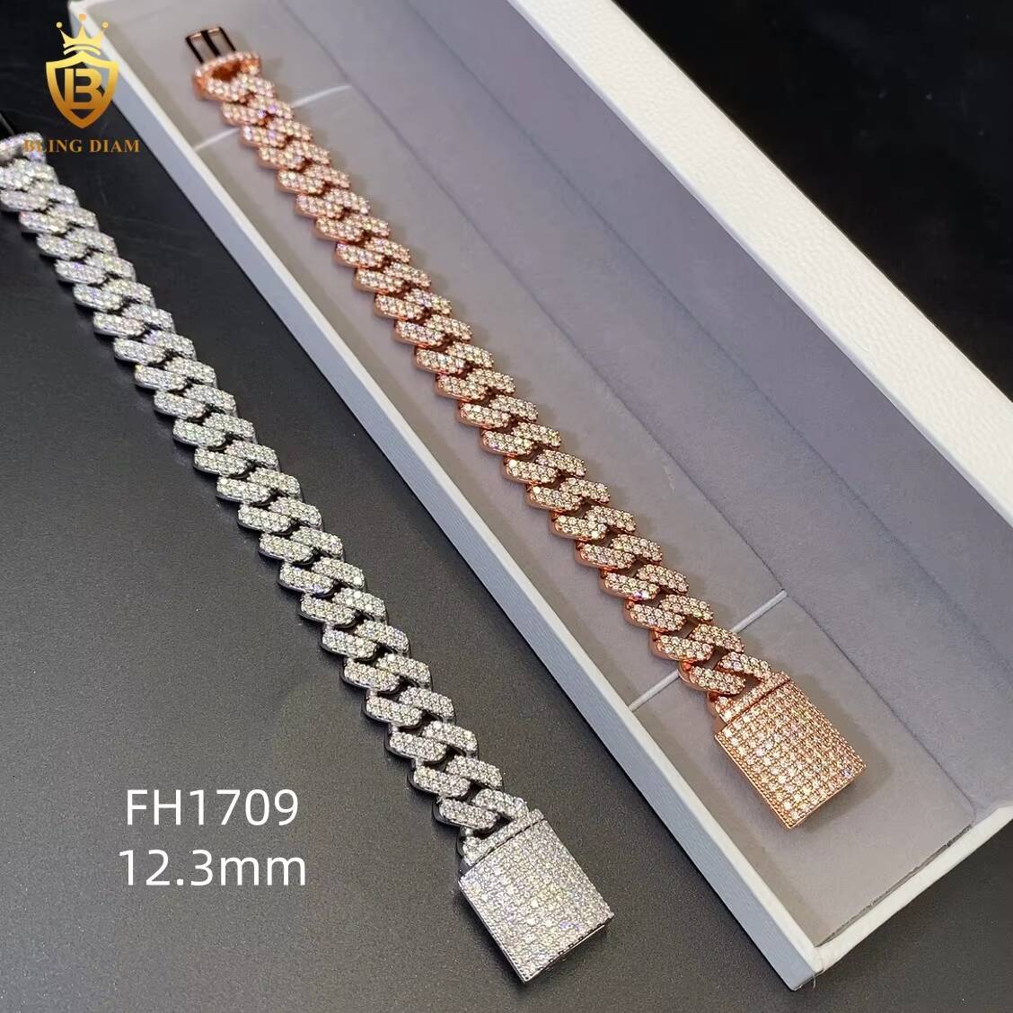 Sterling Silver Chain 12mm Bracelets Cuban Link Chain Rose Gold Plated Vvs Moissanite Chain Hiphop Men Moissanite Cuban Link