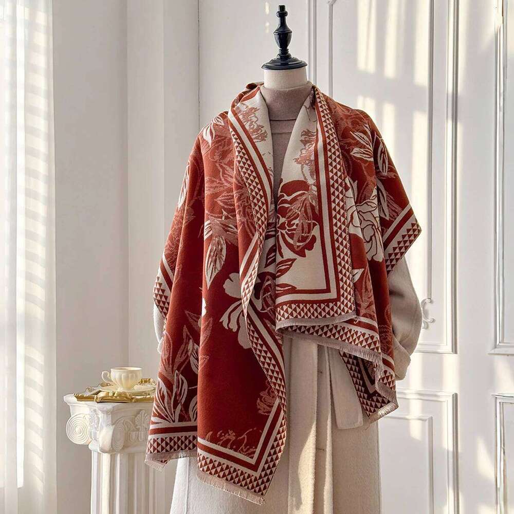 Women's Imitation Cashmere Flower Printed Scarf Lengthened Thickened Warm Shawl Winter Fashion Accessory Z260226
