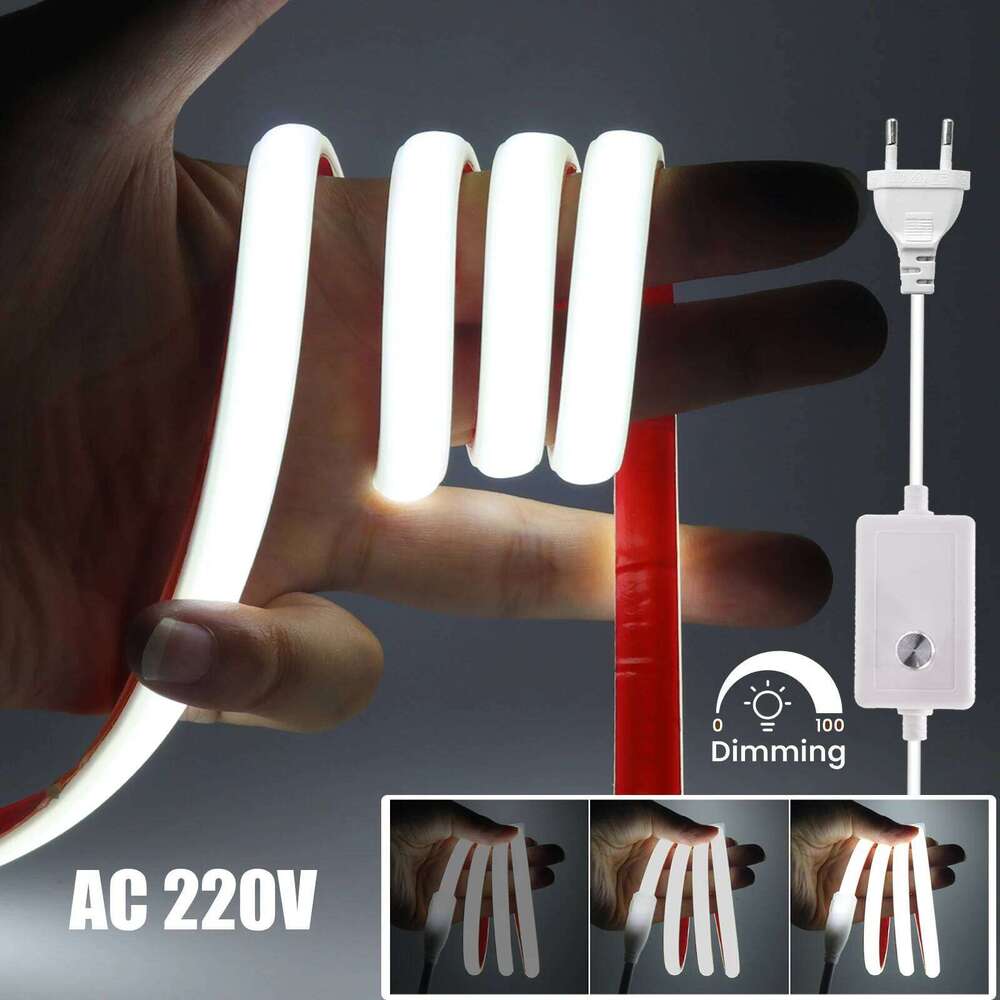 Dimmerable COB Neon Strip AC 220V EU UK Plug 3000K 4000K 6000K Waterproof Self Adhesive Home Decor Flexible Ribbon Chain Light Z260226