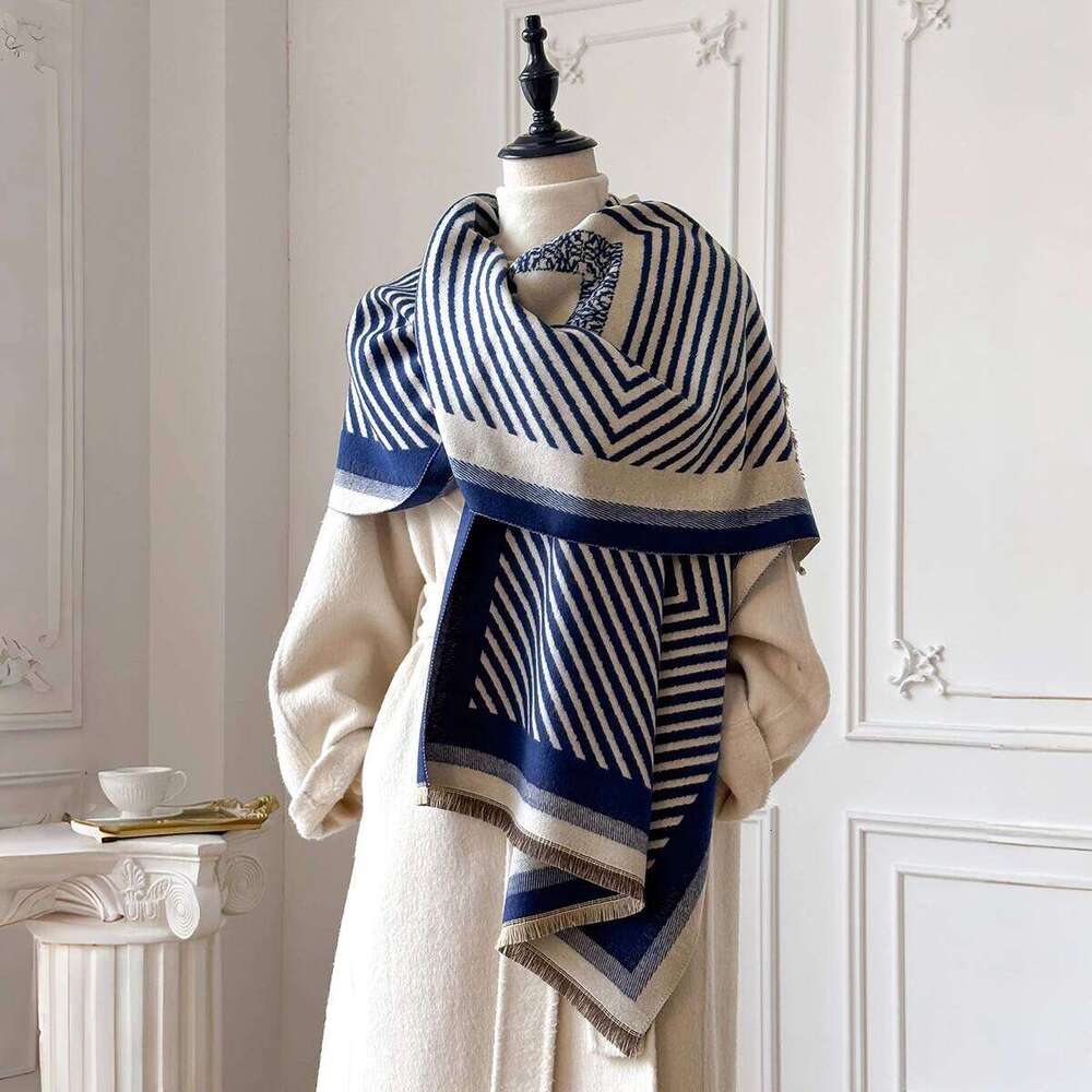 New Luxury Women's Winter Warmer Two-Sided Geometry Imitation Pashmina Scarf - Female Thick Blanket Wraps Shawls Foulard Z260226