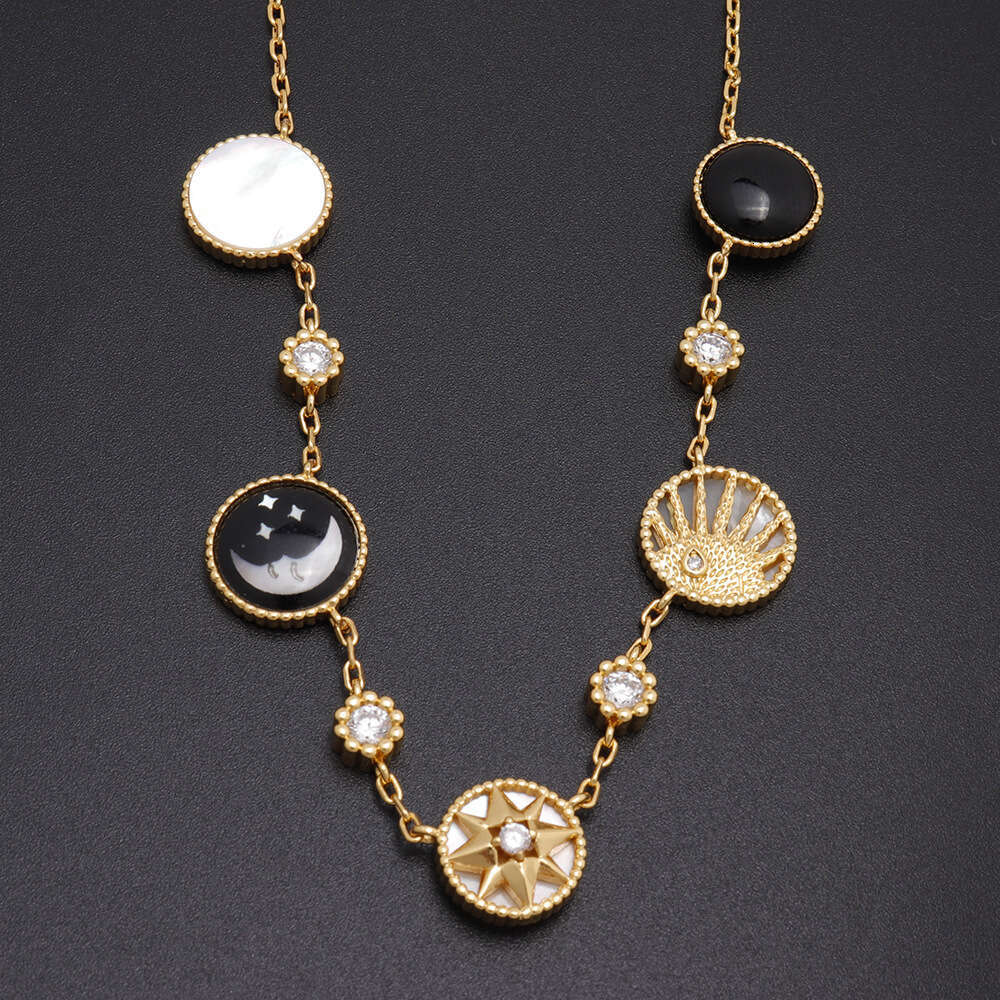Black Agate and White Shell Necklace Designer Moon Compass Women's Necklace Niche Designer Octagonal Star Jewelry