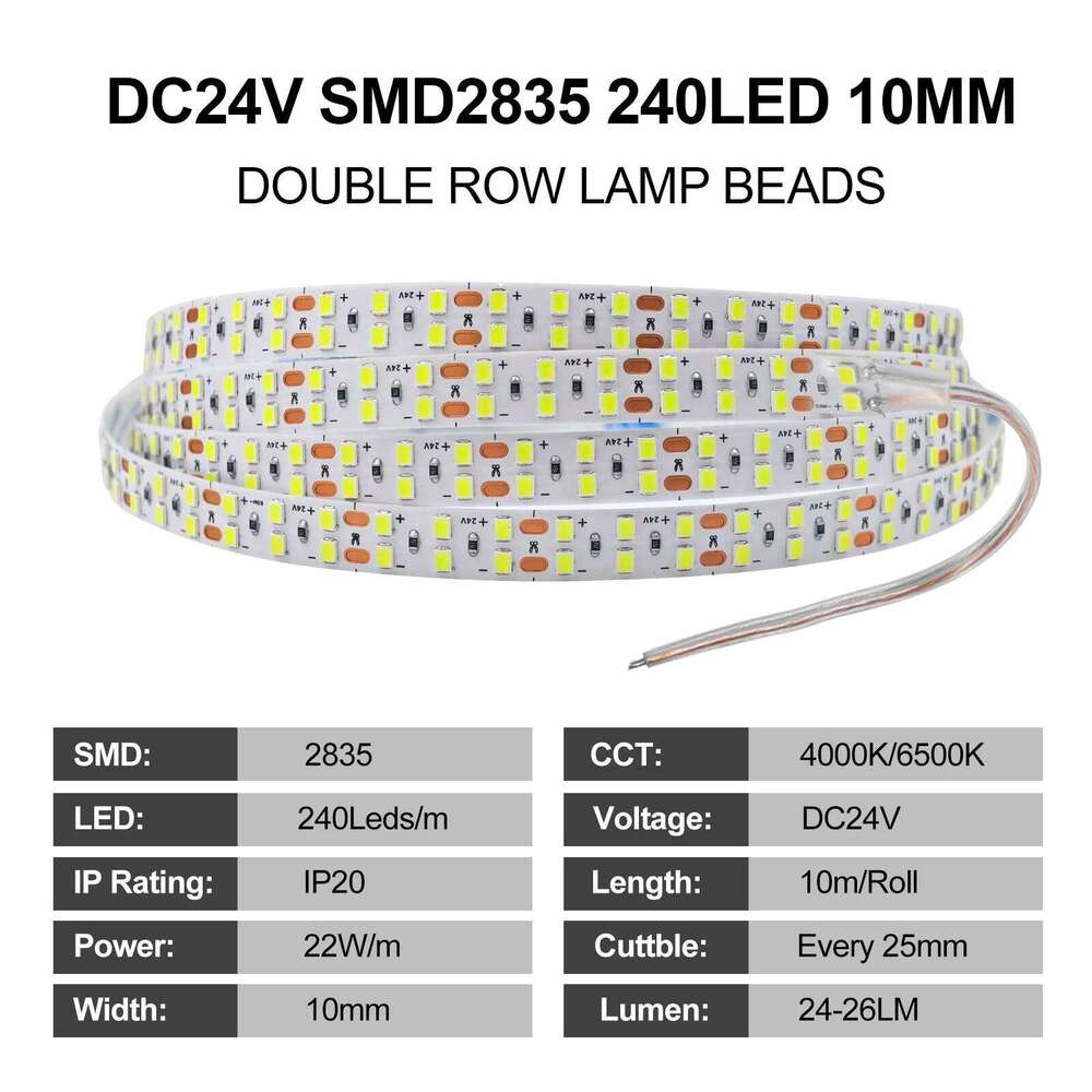 DC 24V Led Strip Light 2835 5m 10m LED Tape Double Row 240Leds/m Flexible Ribbon Rope Lamp for Kitchen Home Decor Lighting Z260226