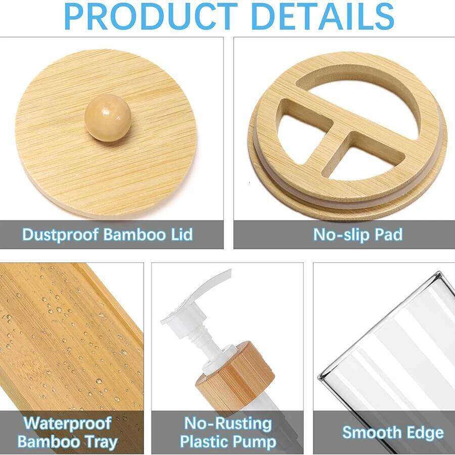 4 Pack Bamboo Bathroom Accessories Set - Plastic Soap Dispenser Clear Toothbrush and 2 Qtip Holder Cotton Ball