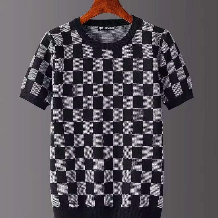 Luxury Brand Designer Clothes Summer Short Sleeve Sweater Men Half Sleeve Knitted Shirt Thickened Geometric Pattern New Street Style Slim Fit Round Ne