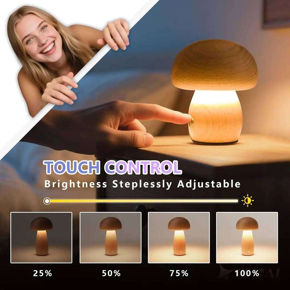 Lamp, Rechargeable Touch Control Mushroom Night Light, Portable Dimmable Wooden Lamp for Kids Room, Bedroom Z260227