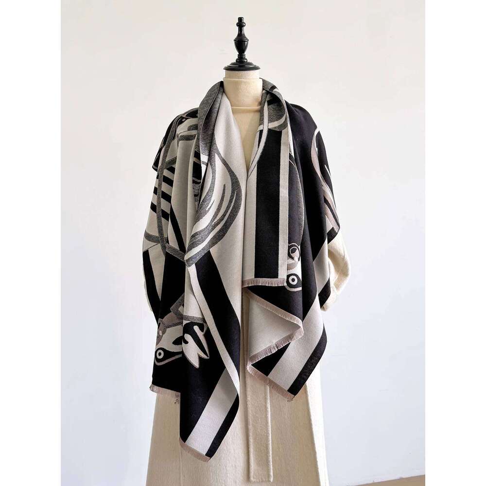 Elegant Women's Winter Pattern Scarf Thick Faux Pashmina Double-Sided Shawl Warm Foulard Female Blanket Wrap Fashion Accessory Z260226