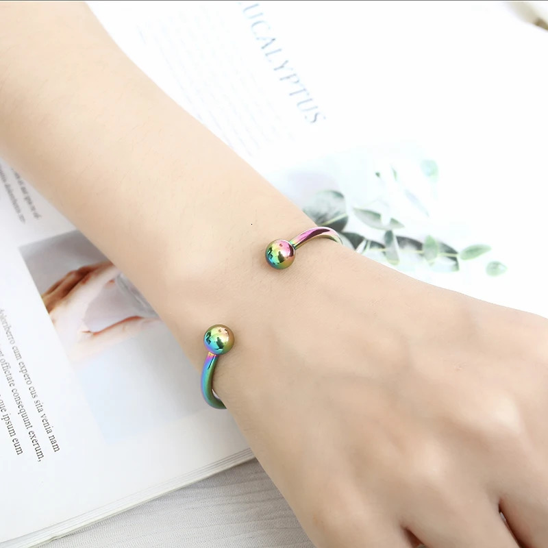 316L Stainless Steel Cartoon Cuff Bangle Bracelet, Silver Open Screw End Ball Charm Bracelet - view 7