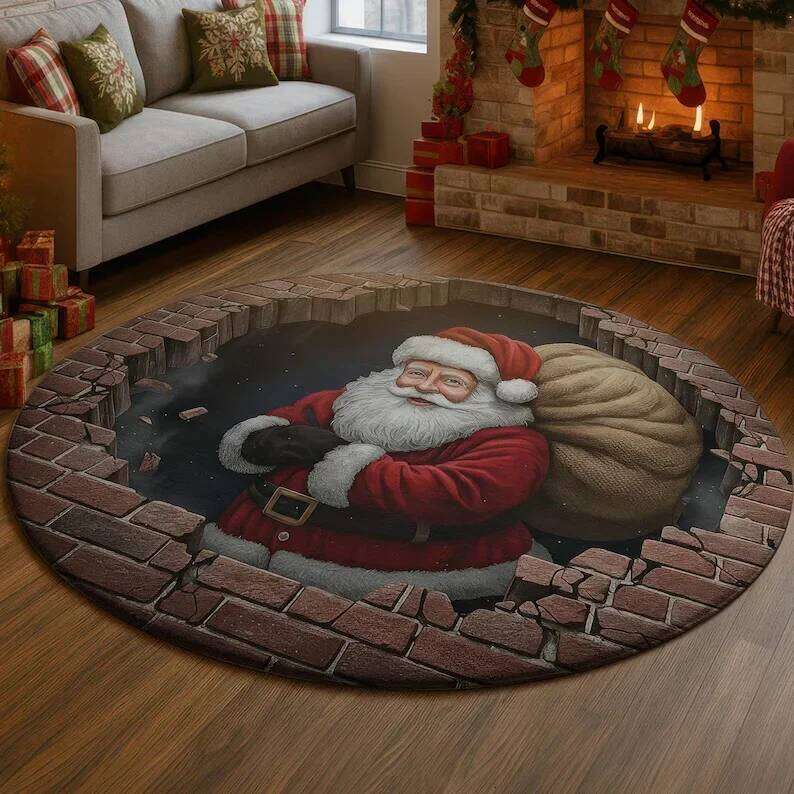 Christmas 3D Round Printed Illusion Carpet Decoration Tree Living Room Santa Decor Xmas Holiday Rug H260226