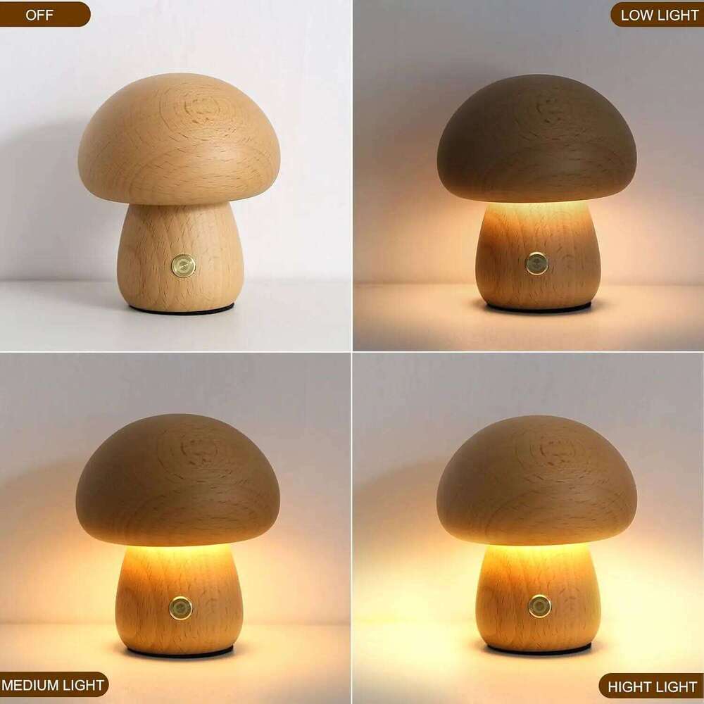 Wooden Creative Mushroom Night Light Stepless Dimming Bedside Table Lamp 3 Color Rechargeable Sleeping Nightlights For Room Z260227