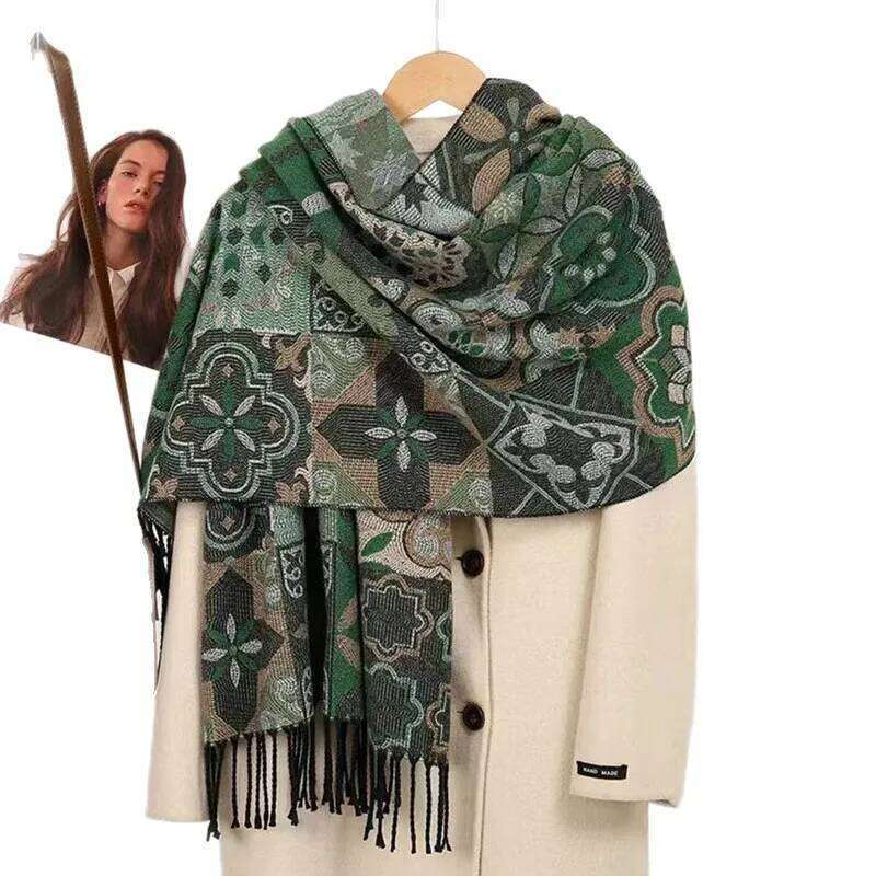 Vintage Ethnic Print 65x180cm Fringe Scarf Middle East Style Faux Cashmere Shawl for Photography and Winter Warmth Z260226