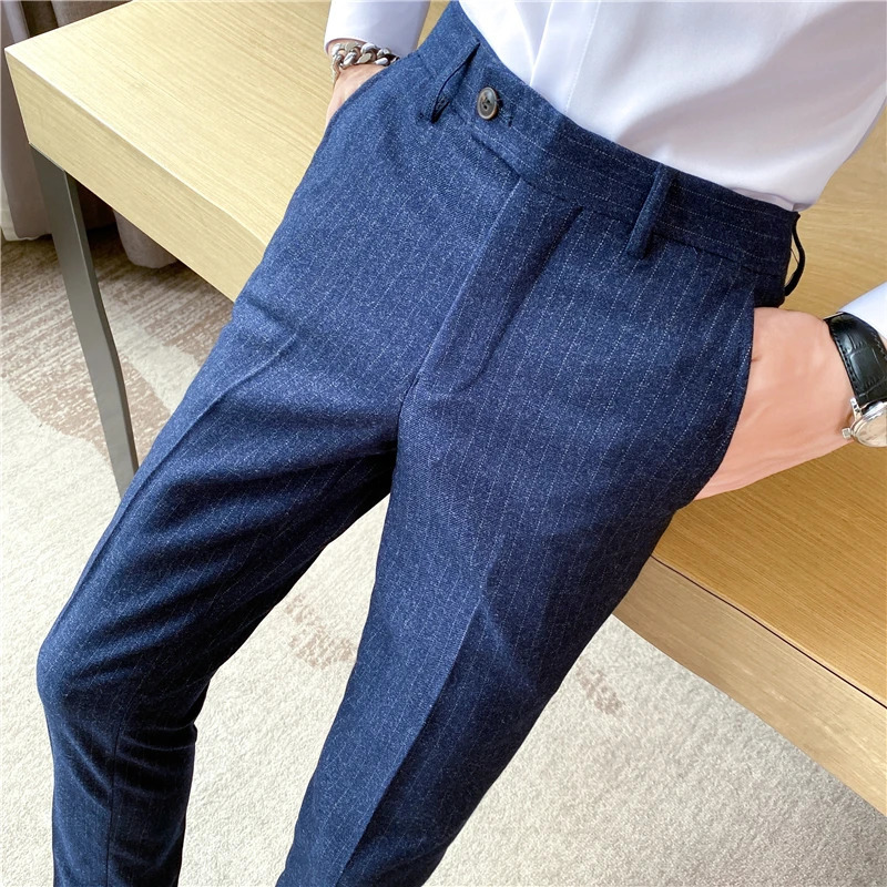 Boutique Fashion Solid Color Plaid Striped Mens Casual Business Office Formal Suit Pants Grooms Wedding Dress Trousers 260227