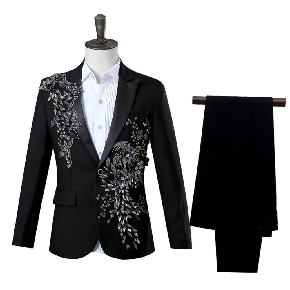 Elegant Appliqued Twopiece Mens Suit for Wedding Banquet Host Dance Prom Christmas Costume Men Blazer Chinese Style 260227