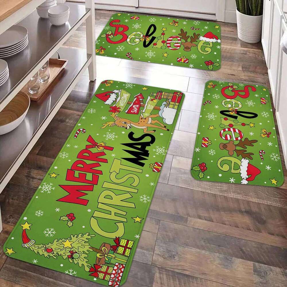 1pc Merry Kitchen Decoration Carpet Funny Hat Christmas Tree Reindeer Design Non slip Floor Mat H260226