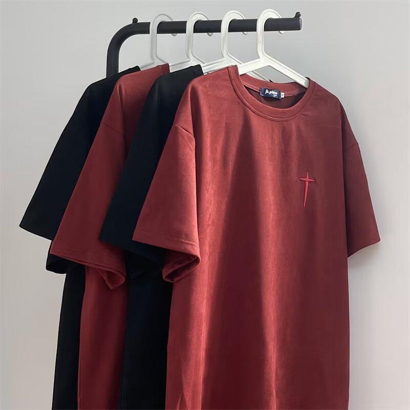 Luxury Brand Designer Clothes 2025 Suede Short-Sleeve T-Shirt For Men, Summer American Style, Heavy-Duty Embossed Oversize Loose Half-Sleeve Trendy Te