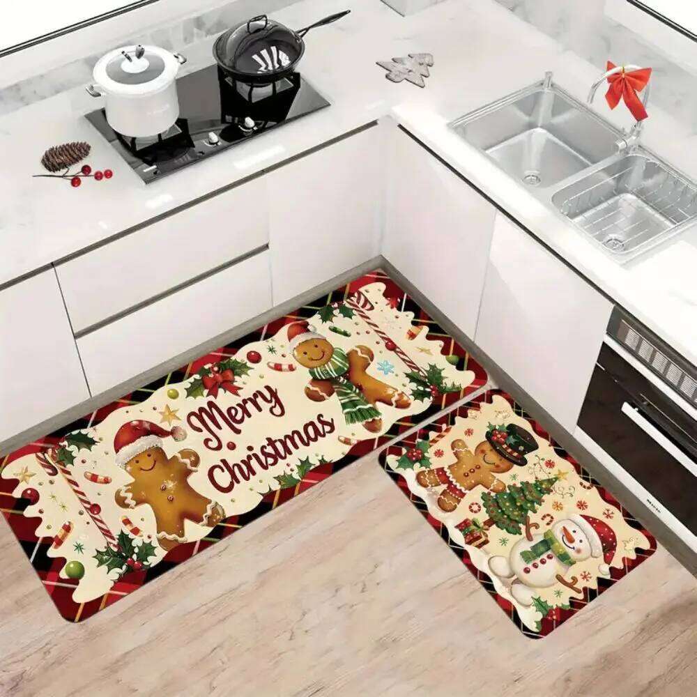 VIKAMA Christmas Two-Piece Set Kitchen Runner Rug Bathroom Shower Mat - Absorbent & Non-Slip Home Decor H260226