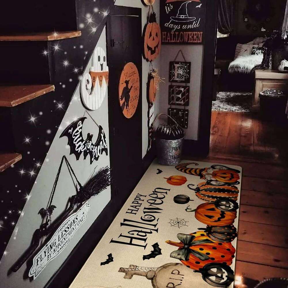 1/2pcs Halloween Kitchen Floor Mats Ghost Pumpkin Balcony Porch Carpet Washable Entrance Welcome Doormat Home Decor Accessories H260226