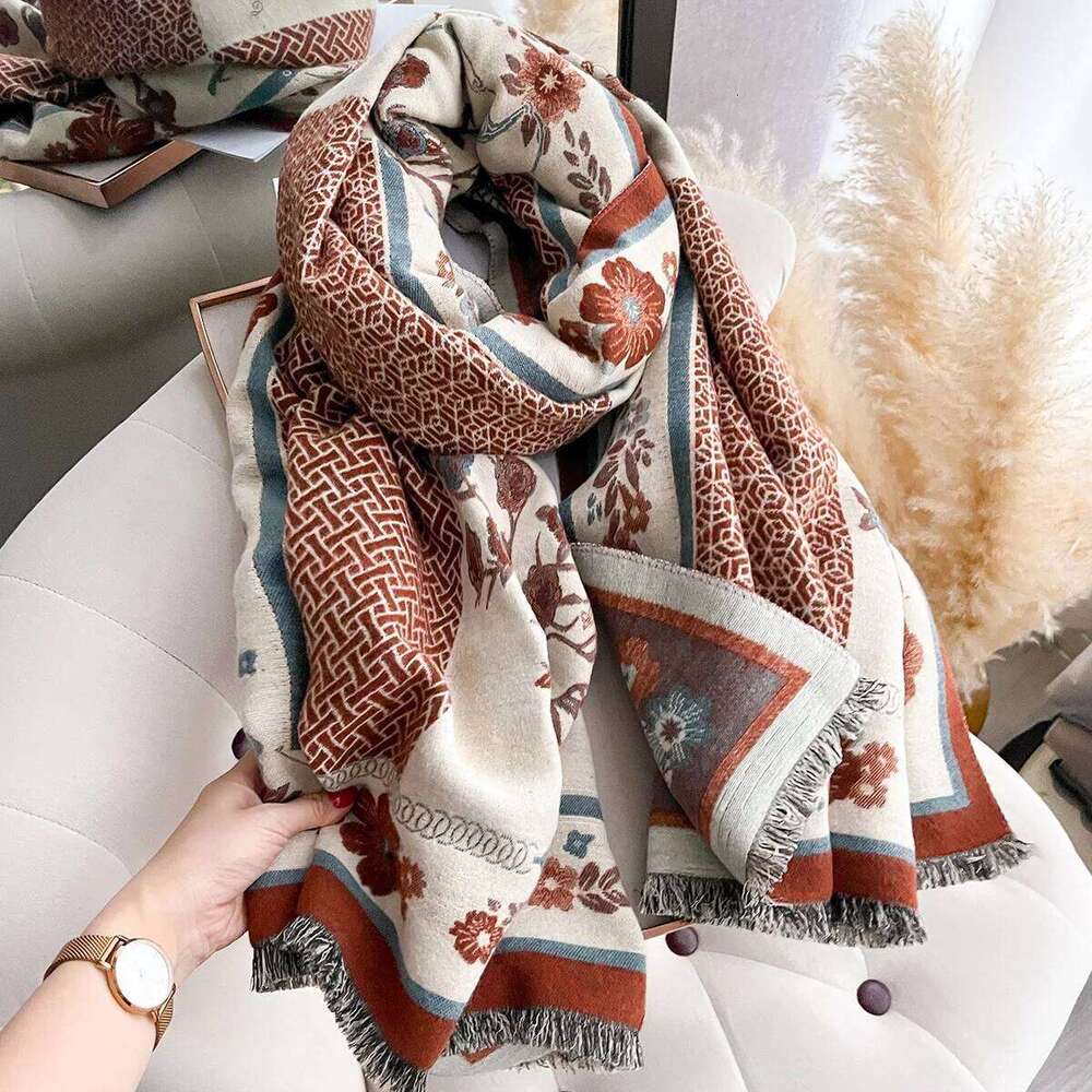 2025 New Women's Flower Warm Shawl Simple Thick Imitation Cashmere Scarf with Jacquard Ideal for Autumn and Winter Z260226