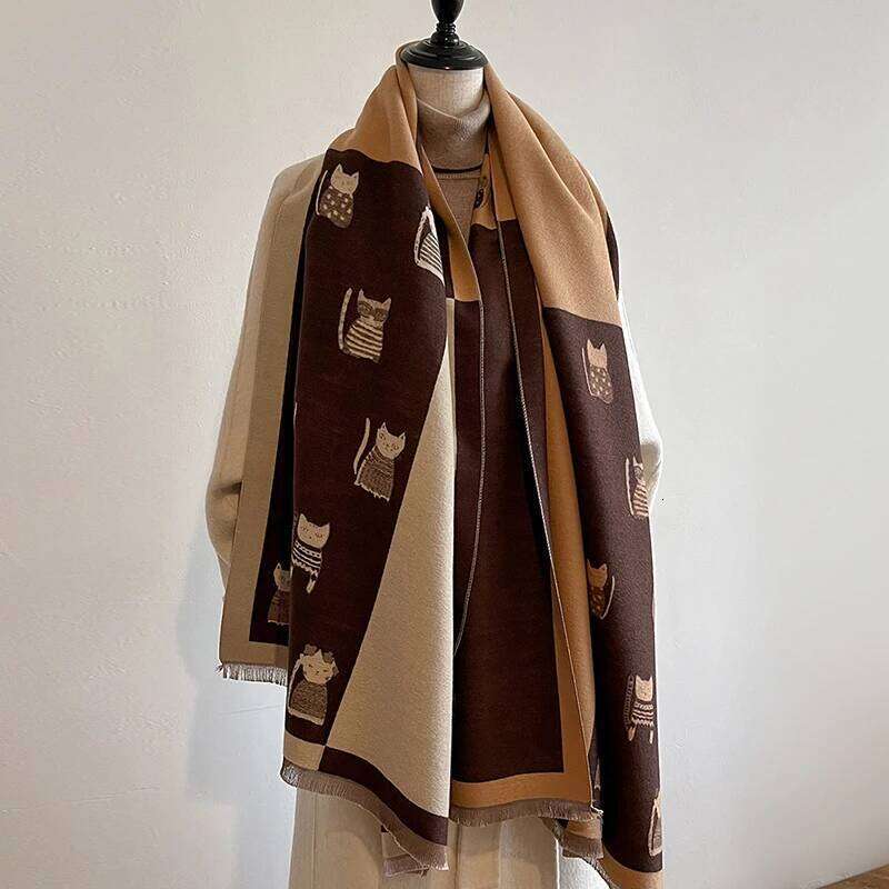 New Fashion Brand Cute Cat Ladies' Jacquard Pashmina Cashmere Winter Thick Warmth Shawl Coldproof Windproof Blanket Scarf Z260226