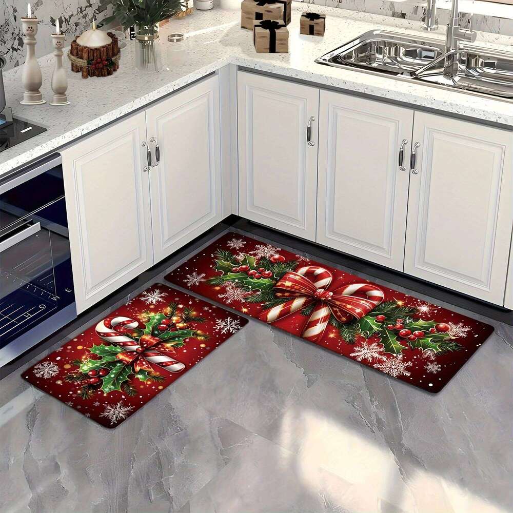 VIKAMA Merry Winter Candy Canes Holly Snowflake Kitchen Mat Christmas Holiday Atmosphere Decor Festive Home Gift H260226