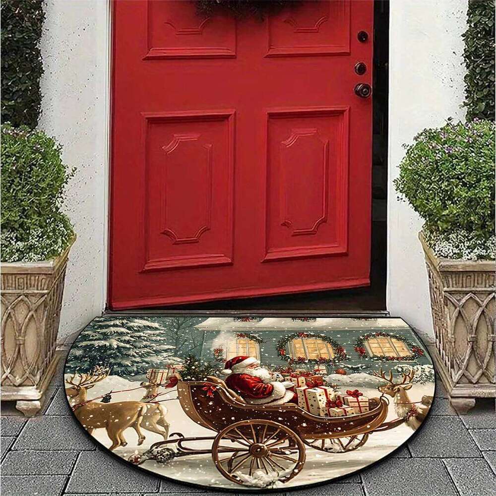 VIKAMA Christmas Theme Half Round Entry Rug Sleigh Reindeer Print Foyer Entryway Living Room Festive Decoration Home Floor Mat H260226