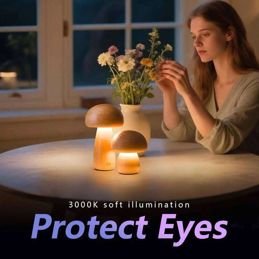 Lamp, Rechargeable Touch Control Mushroom Night Light, Portable Dimmable Wooden Lamp for Kids Room, Bedroom Z260227