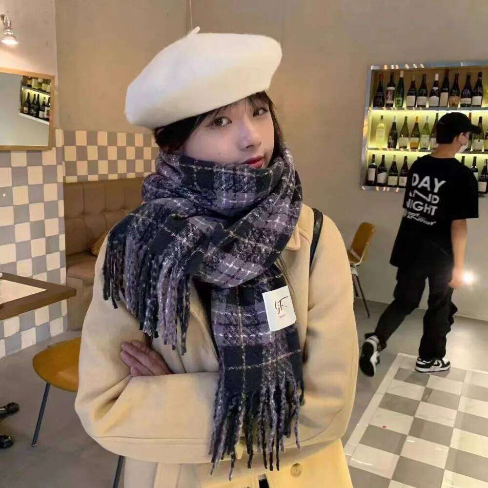 Women's Cashmere Scarf Green Plaid Vintage Winter Korean Thick Warm Long Tassel Shawl Neck Christmas Gift Fashion Accessories Z260226