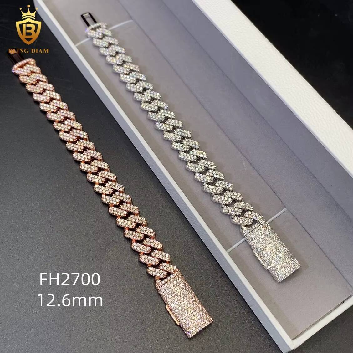 Sterling Silver Chain 12mm Bracelets Cuban Link Chain Rose Gold Plated Vvs Moissanite Chain Hiphop Men Moissanite Cuban Link