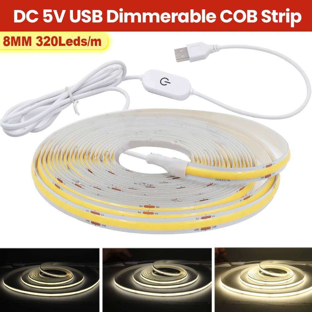 DC 5V USB Touch Dimmer COB Strip Lights 320LEDs/M Red/Ice Blue/Green/Pink/White Kitchen Room Decor Flexible LED Tape Lamp Z260226