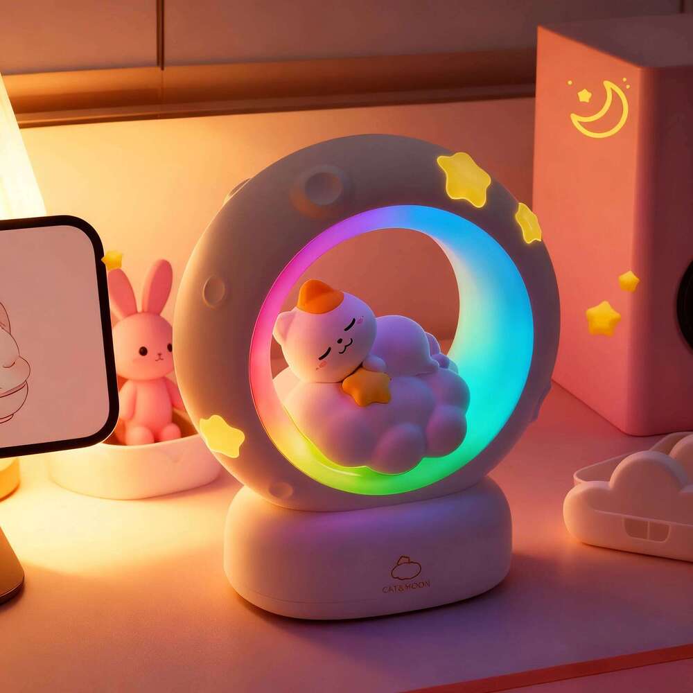 LED Moon Night Light Cute Animal Cartoon Rabbit Lamps USB Rechargeable Warm Bedroom Decoration Sleeping Lights Z260227