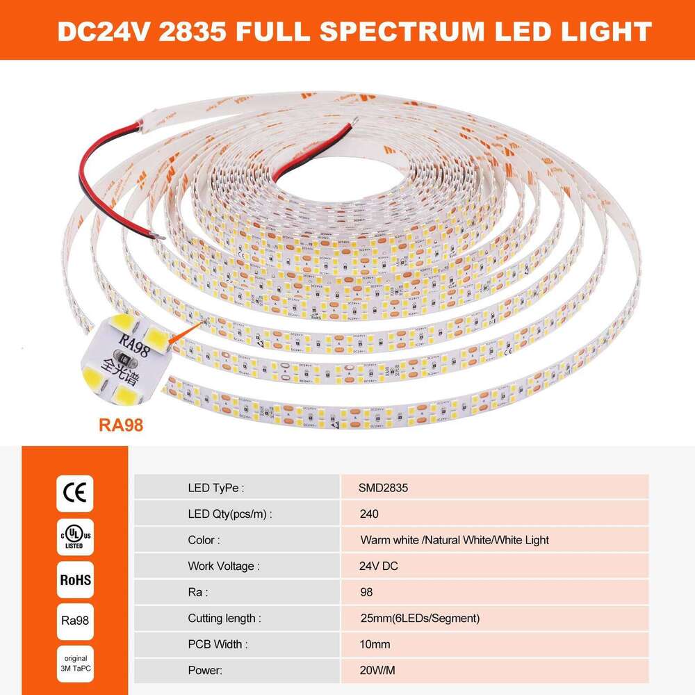 5M 10M RA98 DC 24V LED Strip IP20 SMD 2835 240Leds/M 3000K 4000K 6000K Full Spectrum Flexible Ribbon Tape Light Z260226