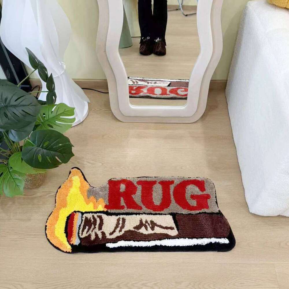 Novelty Burning Matchstick Rug Funny "RUG" Letter Tufted Carpet Non-Slip Doormat for Bedroom Living Room Home Decor Creative H260226