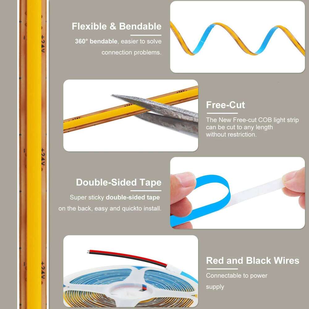 DC 12V 24V Free Cut LED PCB Width 5MM 400LEDS/M 3000K 4000K 6000K Self Adhesive Flexible Ribbon Strip Light For Home Decor Z260226