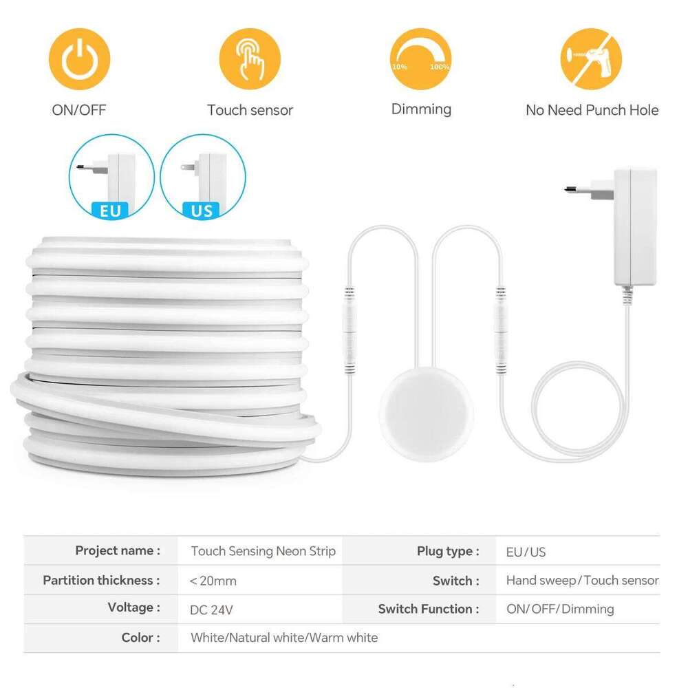 Novel Solid COB Neon Strip Light 2m-10m 24V Waterproof Pure Silicone Gel Tube Dimmable Touch Control Sensor Switch No Flicker Z260226