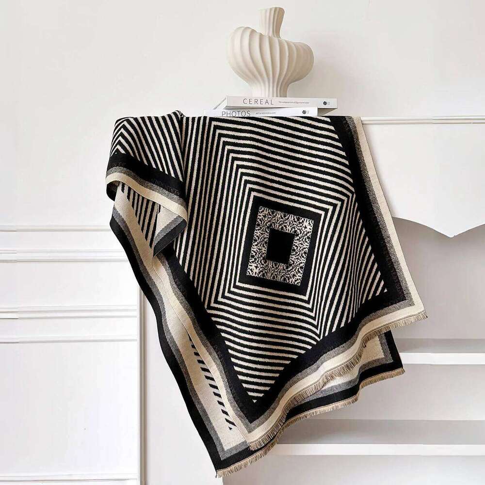 New Luxury Women's Winter Warmer Two-Sided Geometry Imitation Pashmina Scarf - Female Thick Blanket Wraps Shawls Foulard Z260226