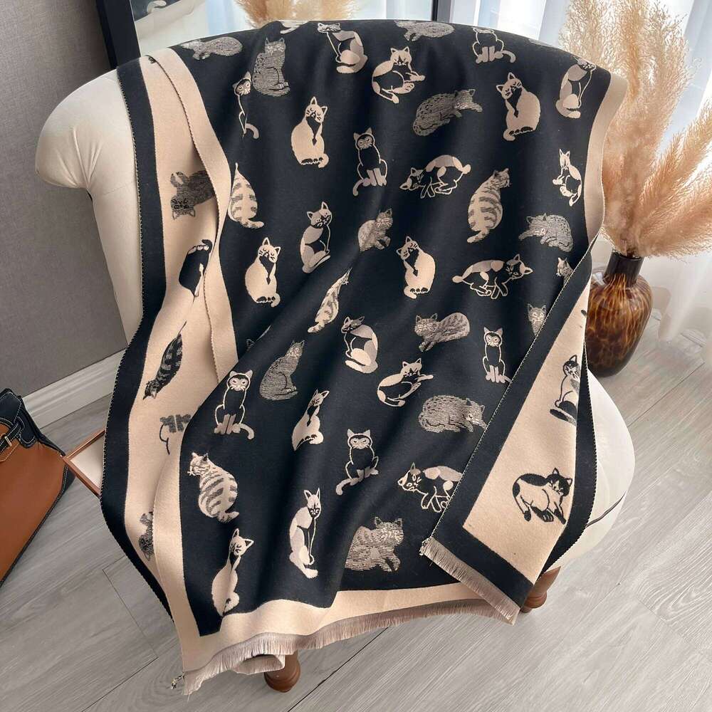 Women Latest Animal Jacquard Cat Scarf Imitation Cashmere Soft Warm Fringe Shawl Autumn Winter Coldproof Windproof Blanket 2025 Z260226