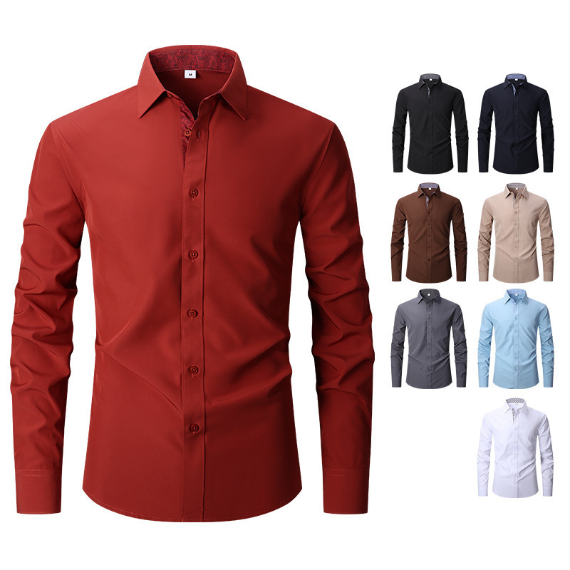 Beige Mens Solid Shirts Long Sleeve Fashion Casual Social Dress Shirt for Wedding Party Men Clothing 250919